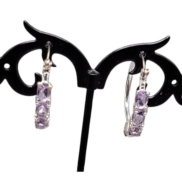 Lavender Crystal Hoop Earrings Latch Closure Silver Tone Purple Rough Stones - Picture 5 of 9